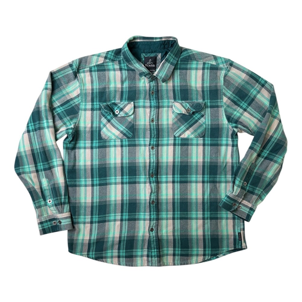 Prana Womens Flannel Shirt Green Plaid Mid-Heavyweight Warm Camping Hiking XXL